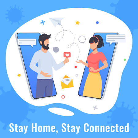 Quarantine and self isolation concept. Woman and man chatting. Online dating, couple conversation...