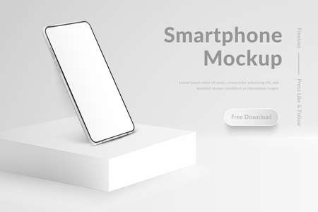 White realistic smartphone mockup on square podium. 3d mobile phone with blank white screen. Modern cell phone template on light background. Illustration of device 3d screenのイラスト素材