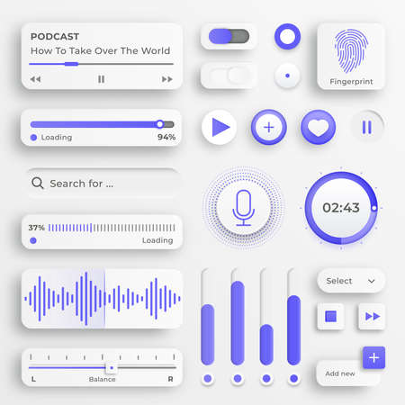 User interface elements. Sliders for websites, mobile menu, navigation and apps. White web buttons...
