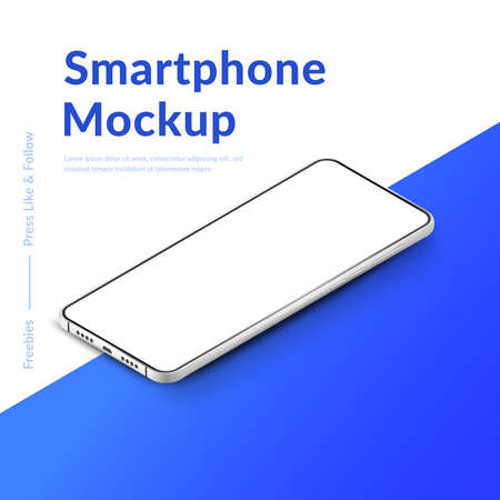 White realistic isometric smartphone mockup. 3d mobile phone with blank white screen. Modern cell phone template on gradient background. Illustration of device 3d screenのイラスト素材
