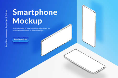 Three white realistic isometric smartphones mockup. 3d mobile phones with blank white screen. Modern cell phones template on white and blue background. Illustration of device 3d screenのイラスト素材