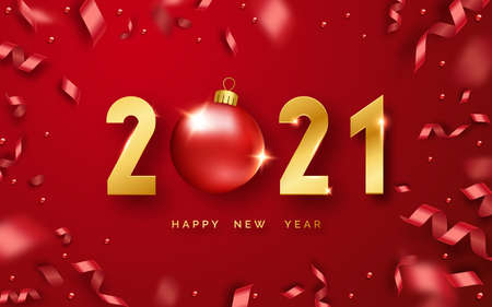 Happy New Year 2021. Background with shining numerals, ball and ribbons. New year and Christmas card illustration on red background. Holiday illustration of golden numbers 2021のイラスト素材