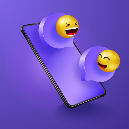 Chatting on phone. Social media communication, networking, chatting, messaging. Message speech illustration. Online chat concept. Messages with smiling iconsのイラスト素材