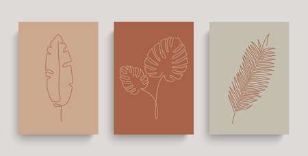 Tropical leaves one line drawing. Botanical line art. Minimalist continuous line foliage drawingのイラスト素材