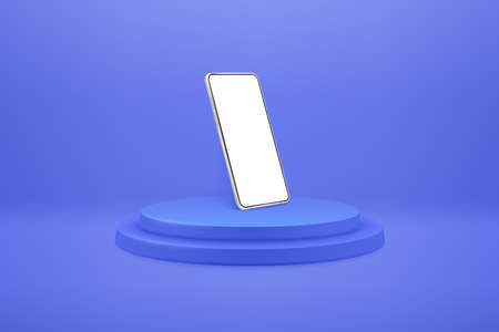 White realistic smartphone mockup on podium. 3d mobile phone with blank white screen. Modern cell...