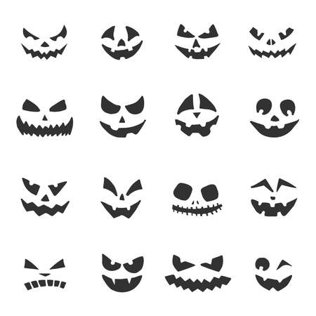 Set of Halloween pumpkins faces. Jack-o-lantern with different facial expressions. Halloween ghost facesのイラスト素材