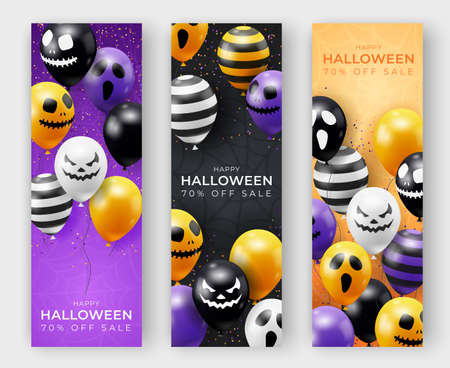 Three Halloween vertical banners with ghost balloons. Creepy scary faces on balloons. Decoration element for halloween celebrationのイラスト素材