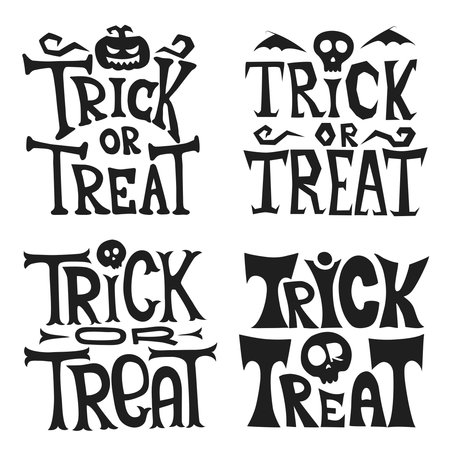 Hand drawn Halloween trick or treat lettering. Quote. Horror Halloween poster with hand lettering and decoration elements. Party invitations with hand drawn calligraphyのイラスト素材