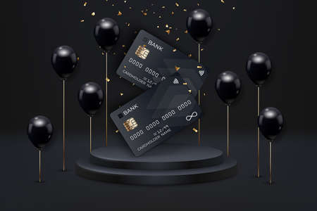 Black credit cards on podium. Black Friday sale poster with realistic balloons, debit cards and confetti on black background. Black Friday sale label. Design element for banners, flyers, cardsのイラスト素材