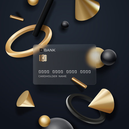 Glassmorphism concept. Glass effect banking card with flowing realistic geometry elements on dark background. Banking web designのイラスト素材