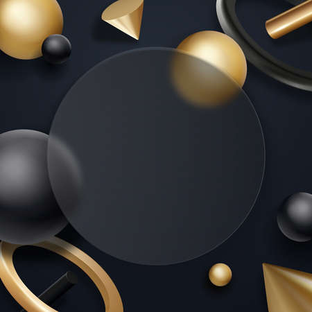 Glassmorphism concept. Glass effect circle with flowing realistic geometry elements on dark background. Spheres, cones and other geometric shapesのイラスト素材