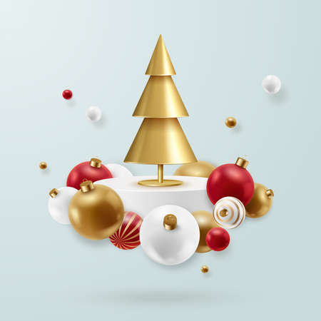 Abstract background with golden christmas tree and coloured balls on flying podium. New Year cone shaped tree. Minimal design christmas card, poster or banne