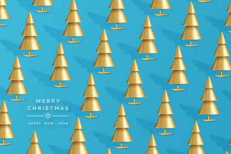 Background with golden christmas trees on blue background. New Year cone shaped tree. Minimal design christmas card, poster or bannerのイラスト素材