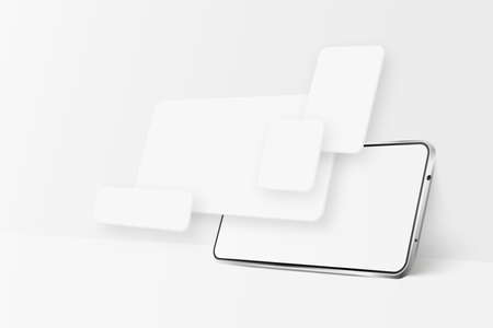 White realistic smartphone mockup. 3d mobile phone with blank white screen and UI elements. Modern cell phone template on white backgroundのイラスト素材