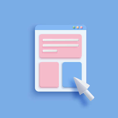 Online applications concept, webpage and chart with mouse arrow. Realistics abstract web elements. Web development with shapes and infographicのイラスト素材