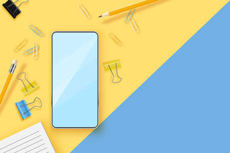 Realistic mobile phone and office supplies on a colored background. Remote work concept. Workplace backgroundのイラスト素材