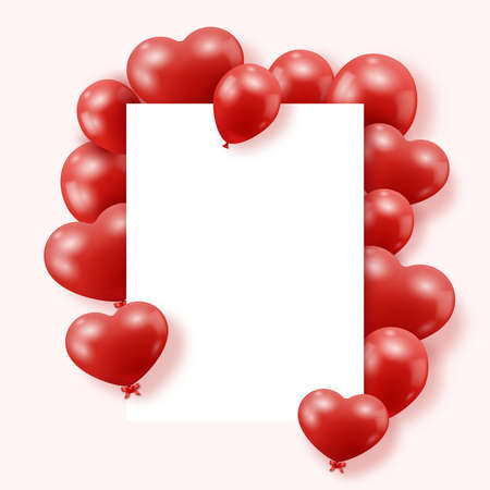 Valentines Day background with red heart shaped balloons. Festive rectangular frame with place for text. Holiday greeting card mock upのイラスト素材
