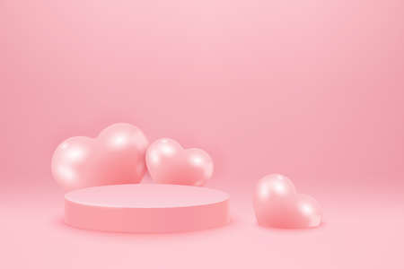 Valentines Day background with pink heart shaped balloons and podium. Holiday banner illustration on pink backgroundのイラスト素材
