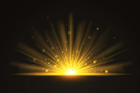 Horizontal golden flare light effects on dark background. Lens flares, rays, stars and sparkles with bokeh collection. Transparent light effectのイラスト素材