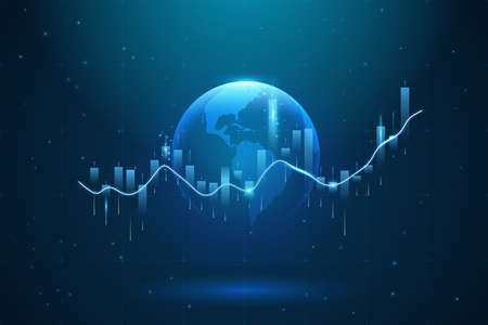 Hi-tech hologram of planet Earth with glowing vector chart of investment financial data. Graph stock market with rising candlesticks. Infographic elements and realistic transparent world mapのイラスト素材