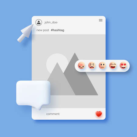 Realistic 3d social media template. Interaction between people through social networks. Media interface concept with smiling facesのイラスト素材
