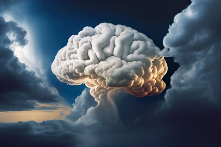 Realistic brain made of the clouds. Clouds concept abstract background. Generative AI illustrationの素材
