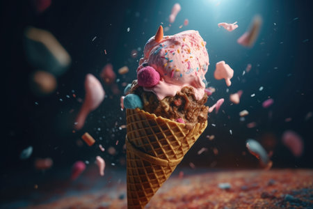 Chocolate and strawberry ice cream with colorful toppings and pieces of sprinkles. Ice Cream scoop in waffle cone. Sweet dessert decorated with colorful sprinkles. Generative AI illustrationの素材