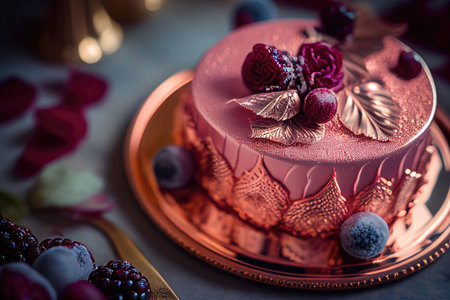 Gorgeous pink cake with crystals and flaky copper leaf and pearl sprinkles, topped with raspberries and blueberries, on a beautiful ornate silver. Generative AI illustrationの素材