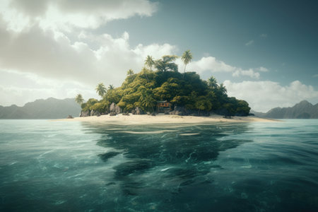 A tropical island in the middle of the ocean. Green palm trees and beach on the island. A place to relax. Subtropical isle with palm trees. Generative AI illustrationの素材