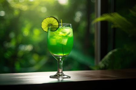 Summer cocktail with blur beach on background. Tropical cold drink. Summer drinks and beach vacation background. Generative AI illustrationの素材