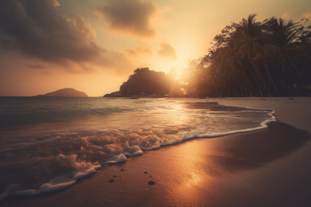 Sunset on a tropical island in the middle of the ocean. Palm trees and beach on the island. A magical place to relax. A place to relax. Subtropical isle with palm trees. Generative AI illustrationの素材