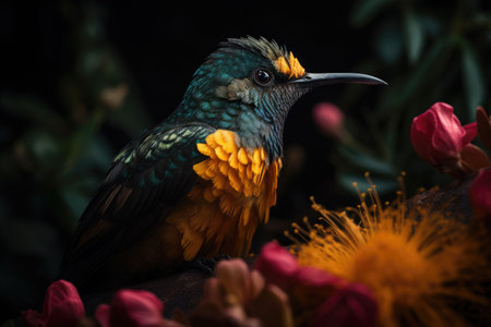 Colored tropical bird and beautiful surreal flowers. Generative AI illustrationの素材