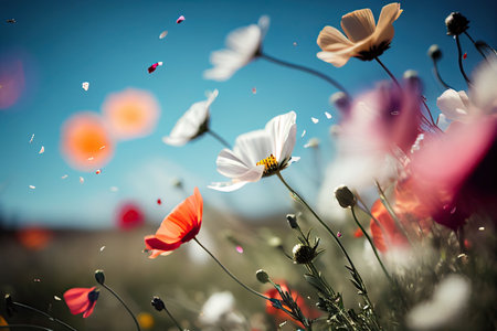 Flower meadow under a clear summer sky in color field. Generative AI illustrationの素材