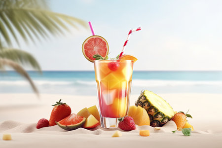 Summer cocktail with blur beach on background. Tropical cold drink. Summer drinks and beach vacation background. Generative AI illustrationの素材