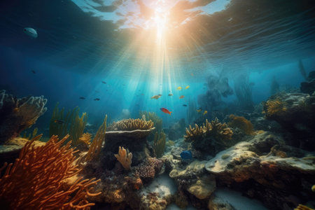 Animals of the underwater world with sun rays. underwater world. Coral reef and fish. Generative AIの素材