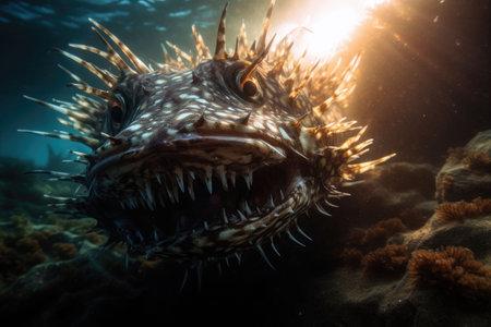 Deep-water fish at the very bottom of the ocean. A scary fish with big teeth. underwater world. Generative AI illustrationの素材