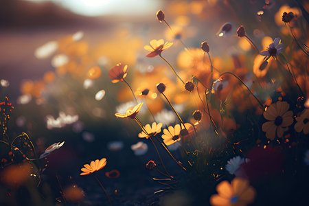 Flower meadow under a clear summer sky in color field. Generative AI illustrationの素材