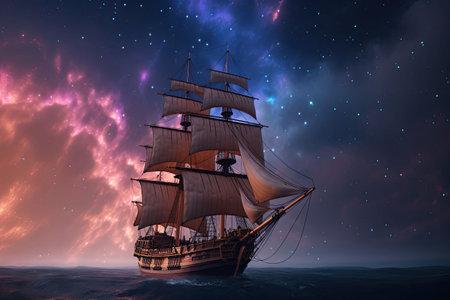Old magic frigate flying on colorful cumulonimbus clouds. Ship in the ocean with stardust and fantasy sky. Generative AI illustrationの素材
