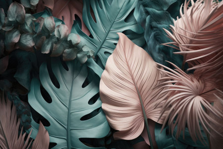 Pastel color tropical palm leaves. Nature spring concept. Minimal summer abstract jungle or forest pattern. Generative AI illustrationの素材