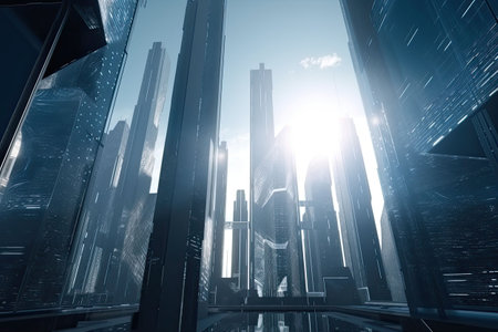 The city of the future. Modern futuristic glowing city with tall skyscrapers and modern technology. Generative AI illustrationの素材