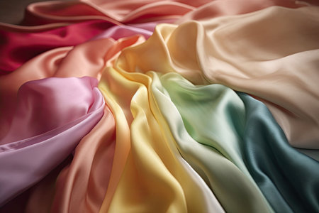 Abstract rainbow smooth silk background. Satin elegant luxury fabric. Beautiful soft folds on the surface of the fabric. Generative AI illustrationの素材