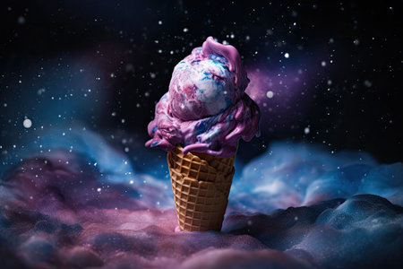 Colorful ice cream on space background. Ice Cream violet and white scoop in waffle cone. Sweet dessert decorated with colorful sprinkles. Generative AI illustrationの素材