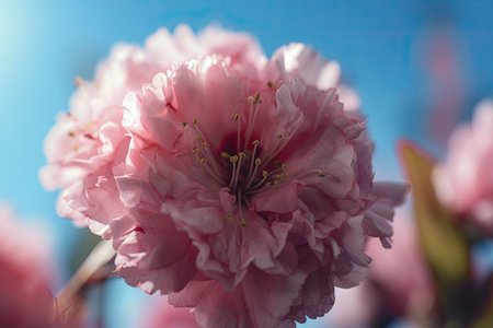 Branch of blossom tree on the blue sky background. Generative AI illustrationの素材