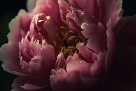 Peony in full bloom with water drops on petals. A striking macro shot. Generative AI illustrationの素材