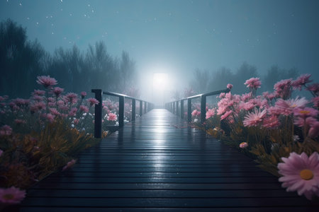 Flower wonderland with a boardwalk. Foggy background. Generative AI illustrationの素材