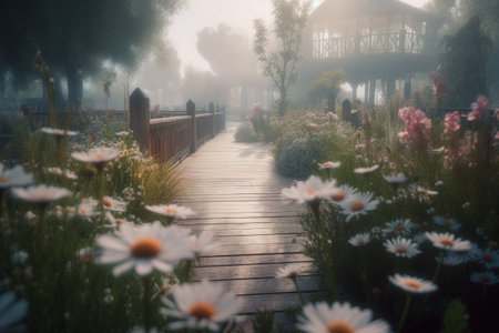 Flower wonderland with a boardwalk. Foggy background. Generative AI illustrationの素材