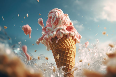 Strawberry ice cream with colorful toppings and pieces of sprinkles. Ice Cream scoop in waffle cone. Sweet dessert decorated with colorful sprinkles. Generative AI illustrationの素材