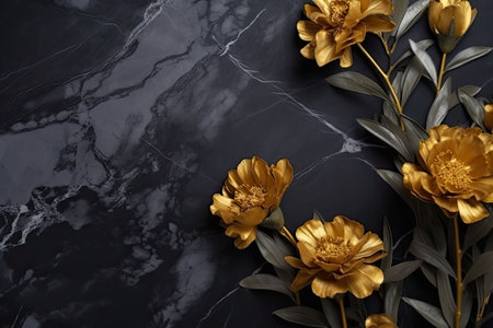 The marble texture in black and gold colors with golden flowers. Luxurious design wallpaper. Generative AI illustrationの素材