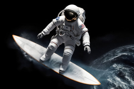 An astronaut surfing in the deep space. The spaceman on a surfboard is surfing the stars with planet Earth on background. Generative AI illustrationの素材