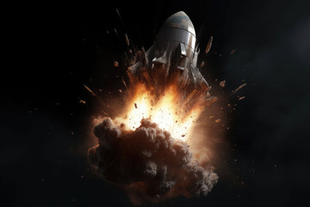 The spaceship explodes after launch. Unsuccessful launch of the space shuttle and explosion. Failed rocket lift off and space mission failure. Generative AI illustrationの素材